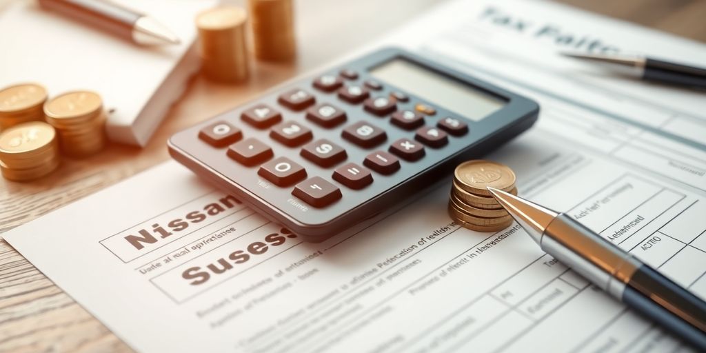 Calculadora e moedas sobre formulário de impostos.