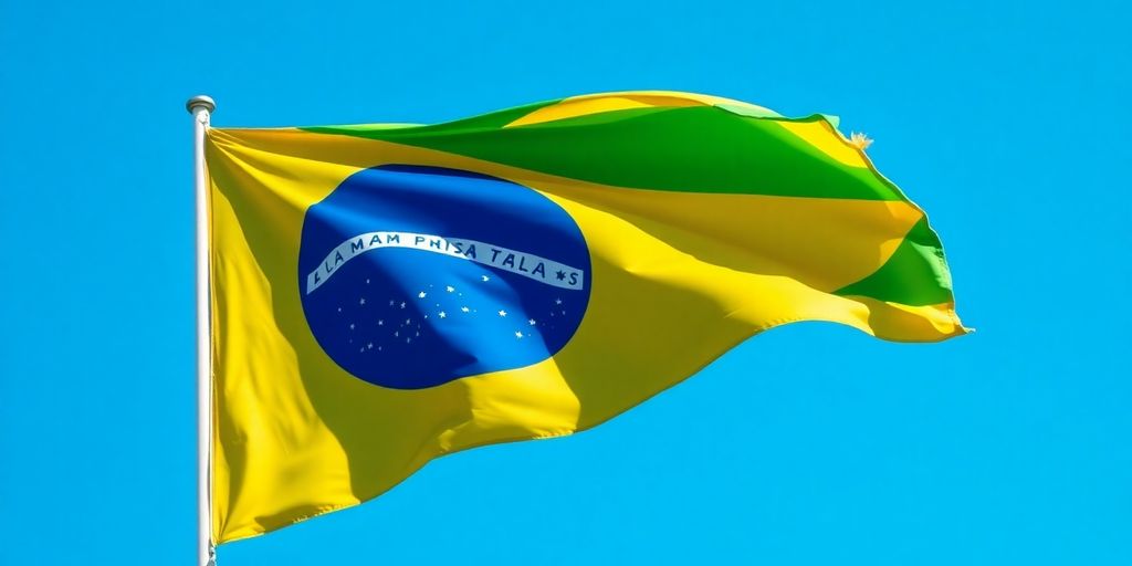 Bandeira do Brasil ao vento em céu azul.