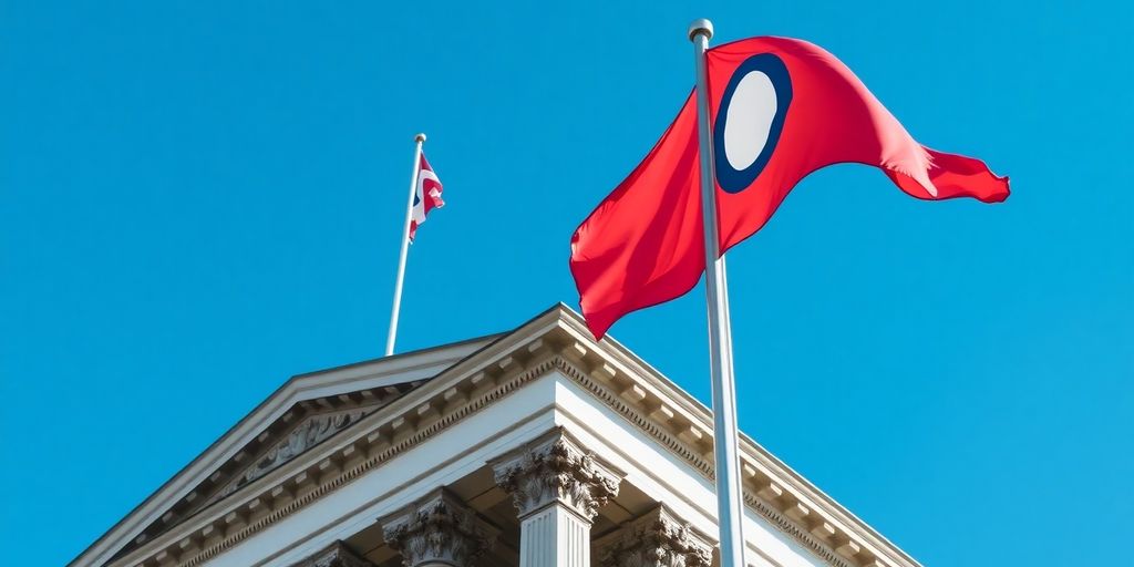 Foto de um edifício governamental com a bandeira.