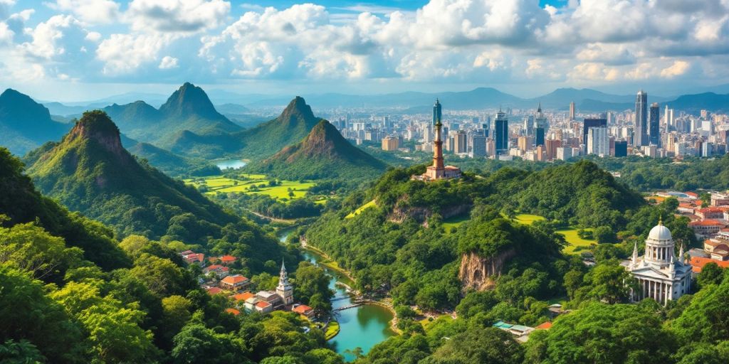Paisagens diversas do Brasil com natureza e cidades.