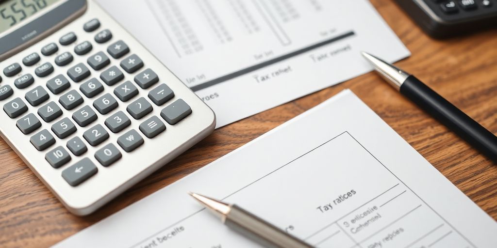Calculadora e documentos fiscais sobre uma mesa de madeira.