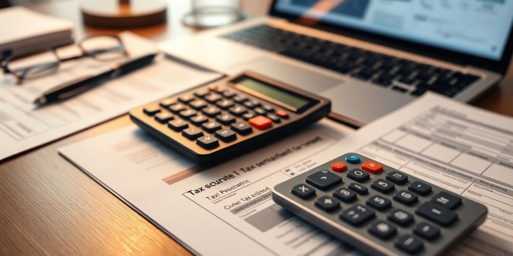 Mesa com calculadora e documentos fiscais.