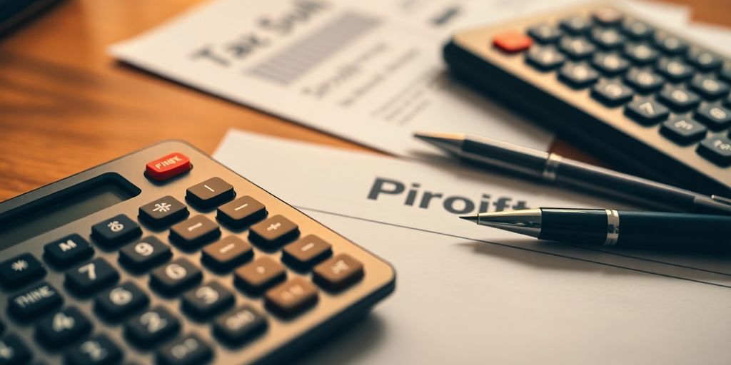 Calculadora e documentos fiscais sobre uma mesa de madeira.