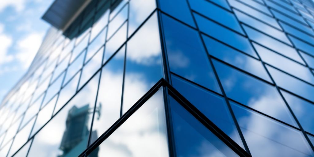 Edifício moderno com design elegante e reflexos no céu.