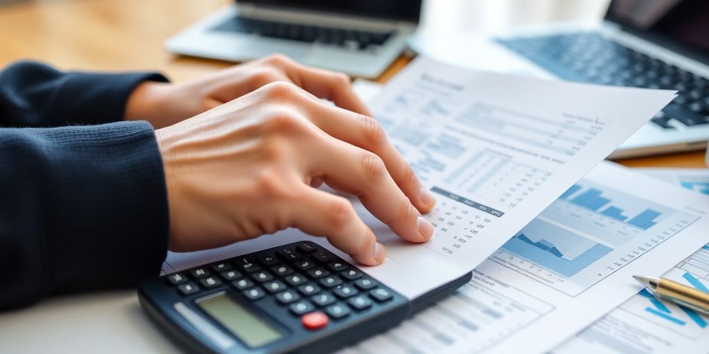 Pessoa analisando documentos fiscais com calculadora.
