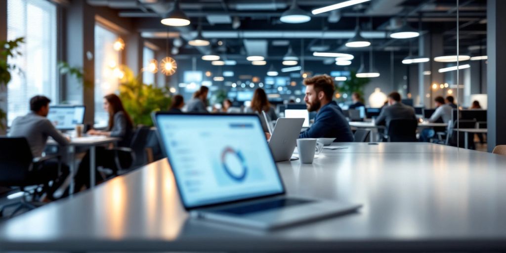 Escritório moderno de fintech com funcionários trabalhando.