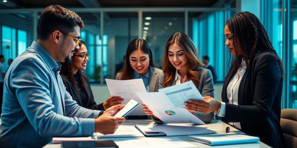 Grupo de pessoas discutindo documentos financeiros em escritório.