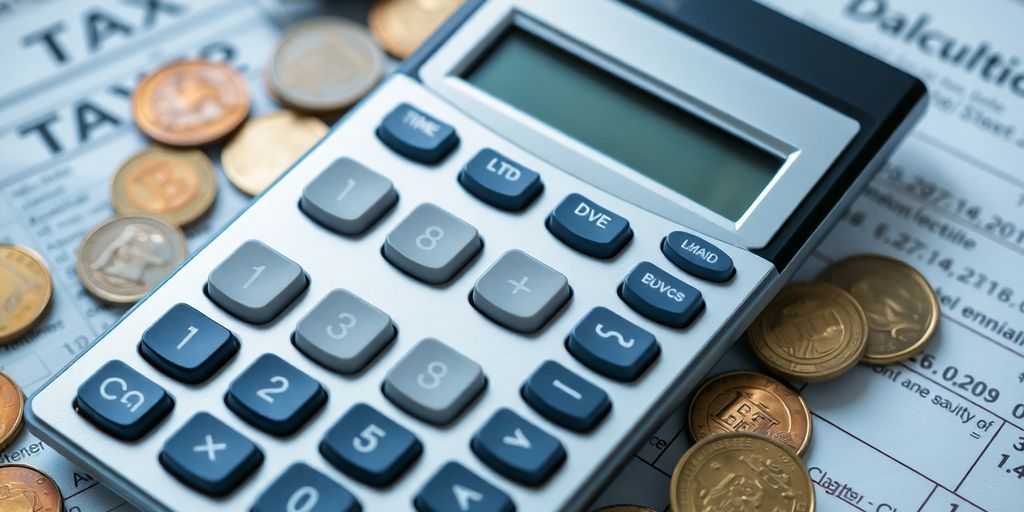 Calculadora com moedas e documentos fiscais ao redor.