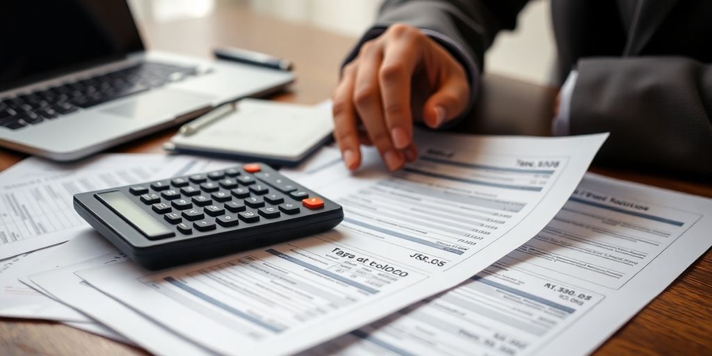 Pessoa analisando documentos fiscais com calculadora.