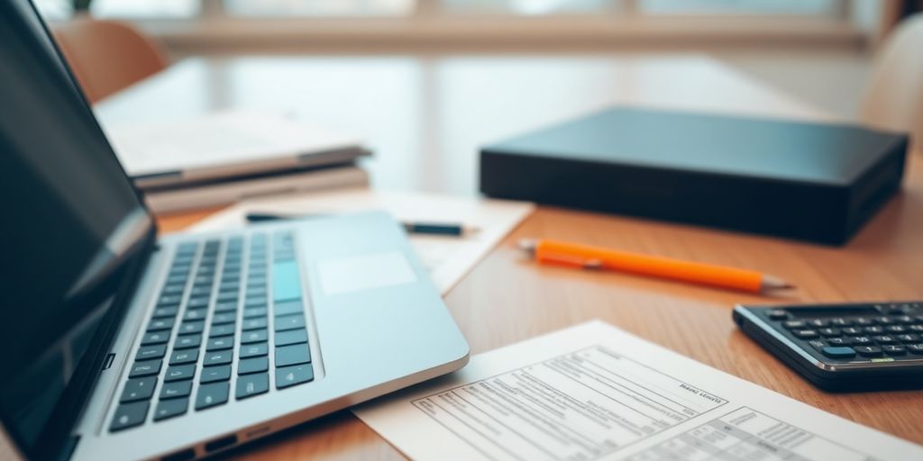 Ambiente de escritório com mesa e documentos.