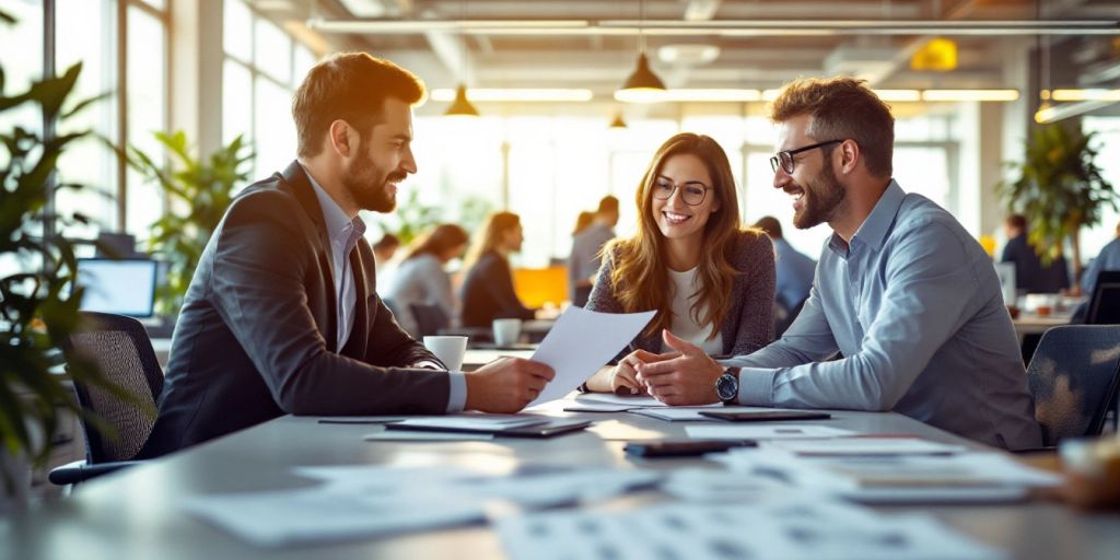 Ambiente de escritório com profissionais discutindo questões fiscais.