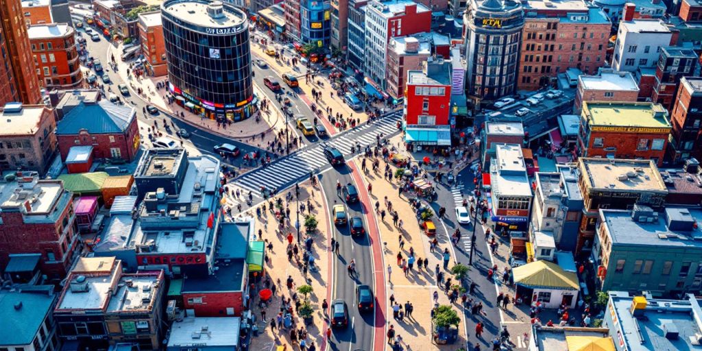 Ambiente urbano complexo com edifícios e pessoas.