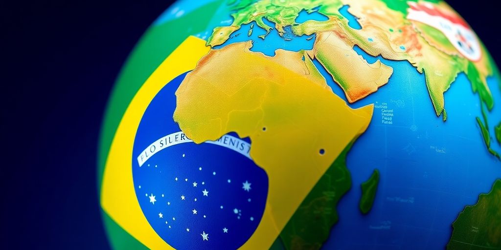 Bandeira do Brasil entrelaçada com um globo.